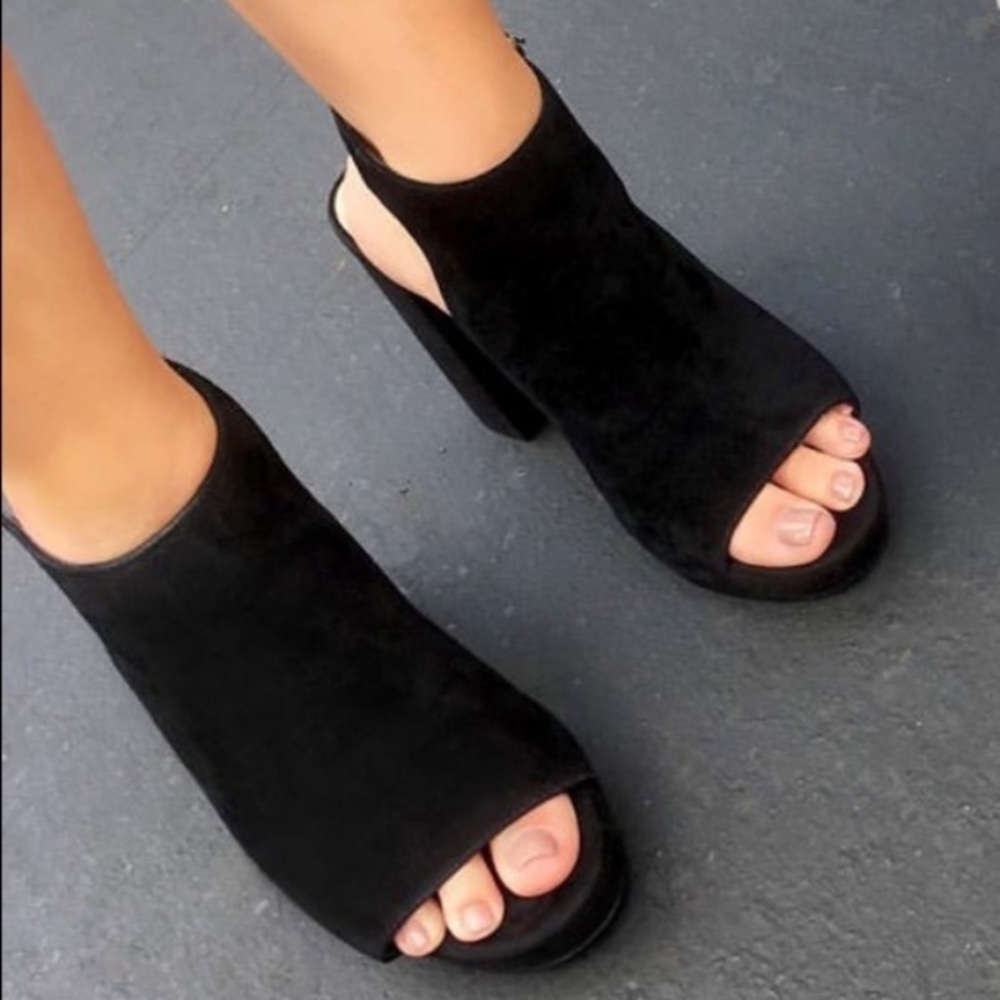 Black Chic Kid Suede Peep Toe Block Heel Platform - Picture 4 of 6